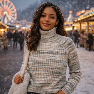 Vintage GAP Beige/Green/Cream Turtleneck Ribbed Sweater Women's L - Boho Retro